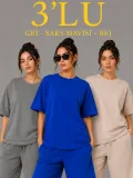 Kadın 3’lü Oversize Tişört Şort Takım Seti Yazlık İki İplik Kumaş - Gri, Saks Mavisi, Bej