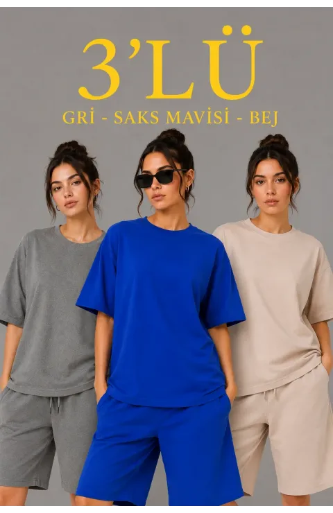 Kadın 3’lü Oversize Tişört Şort Takım Seti Yazlık İki İplik Kumaş - Gri, Saks Mavisi, Bej