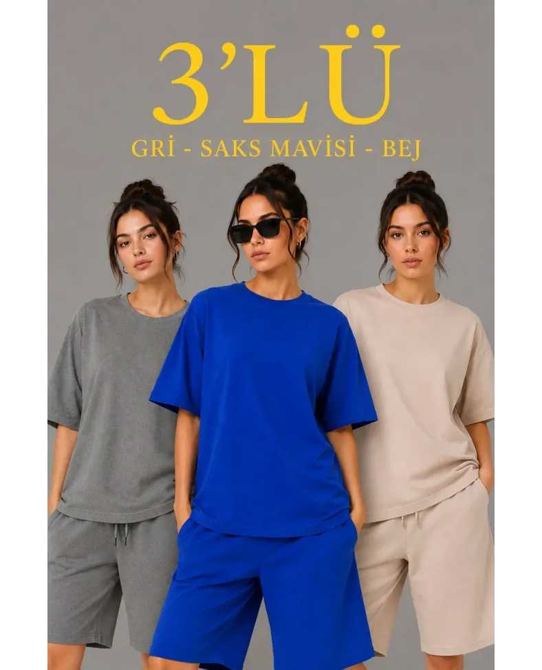 Kadın 3’lü Oversize Tişört Şort Takım Seti Yazlık İki İplik Kumaş - Gri, Saks Mavisi, Bej