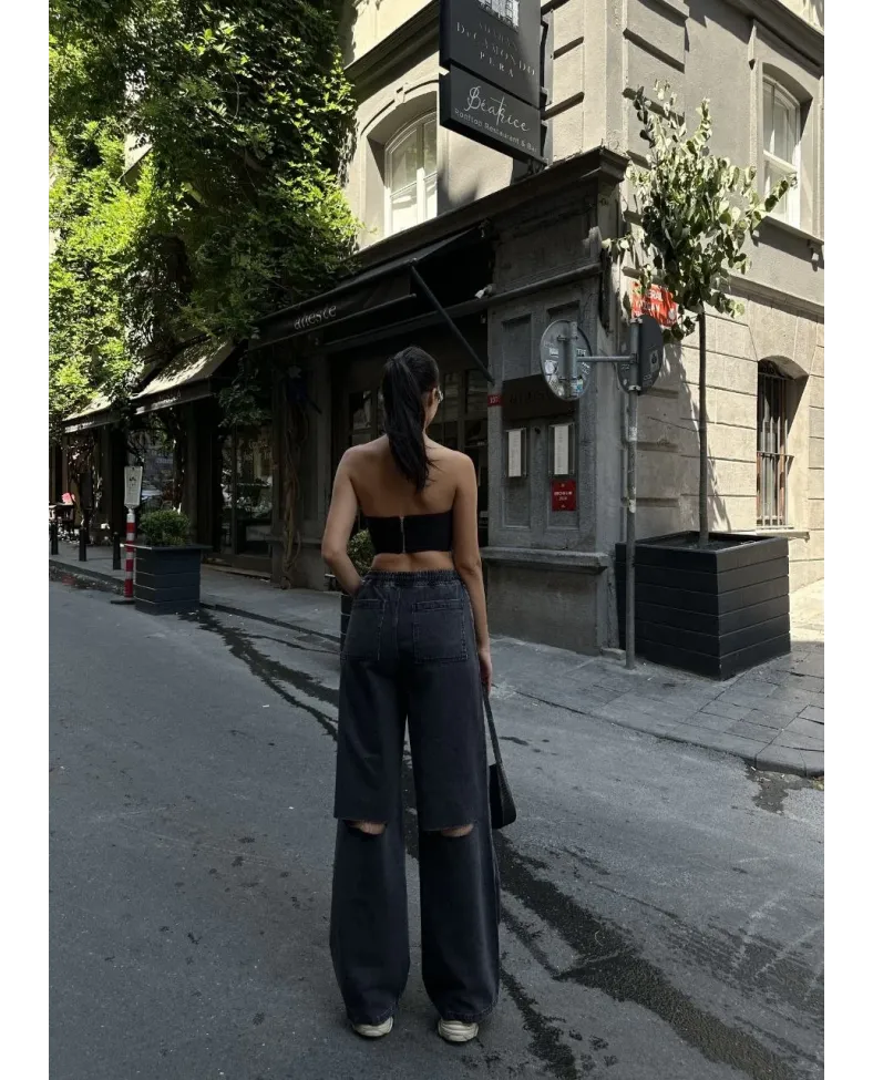 Kadın Arkadan Yırtmaçlı Jeans Kot Palazzo Pantolon - Siyah