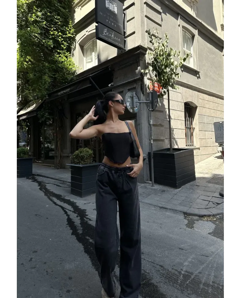 Kadın Arkadan Yırtmaçlı Jeans Kot Palazzo Pantolon - Siyah