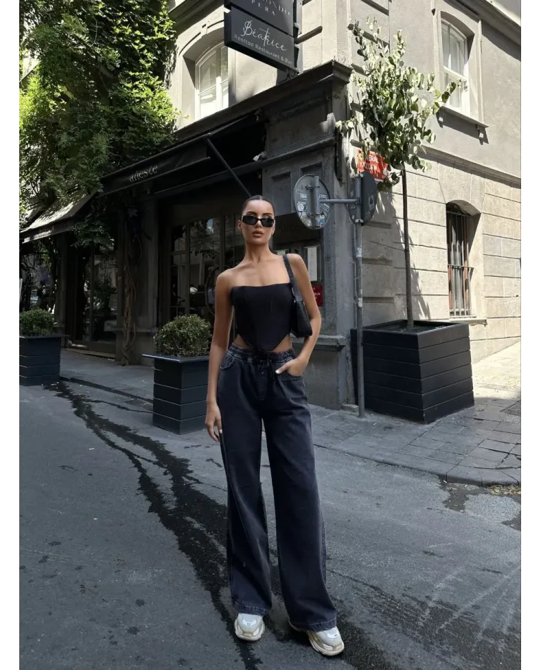 Kadın Arkadan Yırtmaçlı Jeans Kot Palazzo Pantolon - Siyah