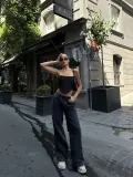 Kadın Arkadan Yırtmaçlı Jeans Kot Palazzo Pantolon - Siyah