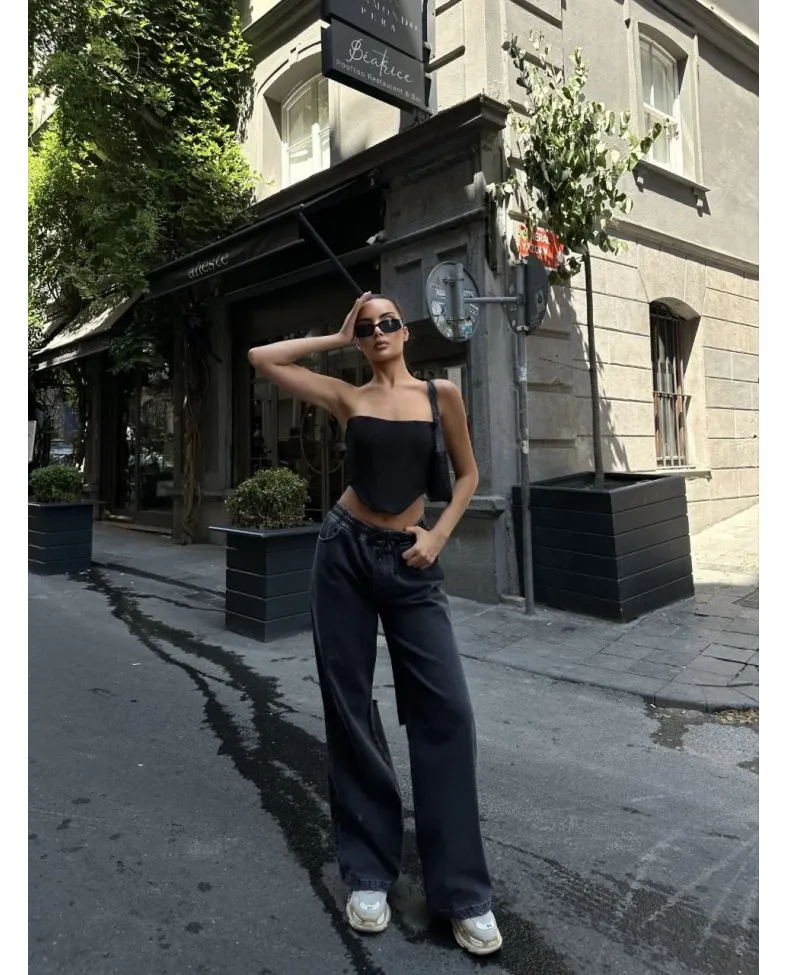 Kadın Arkadan Yırtmaçlı Jeans Kot Palazzo Pantolon - Siyah