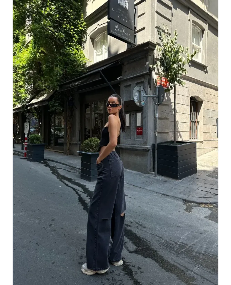 Kadın Arkadan Yırtmaçlı Jeans Kot Palazzo Pantolon - Siyah