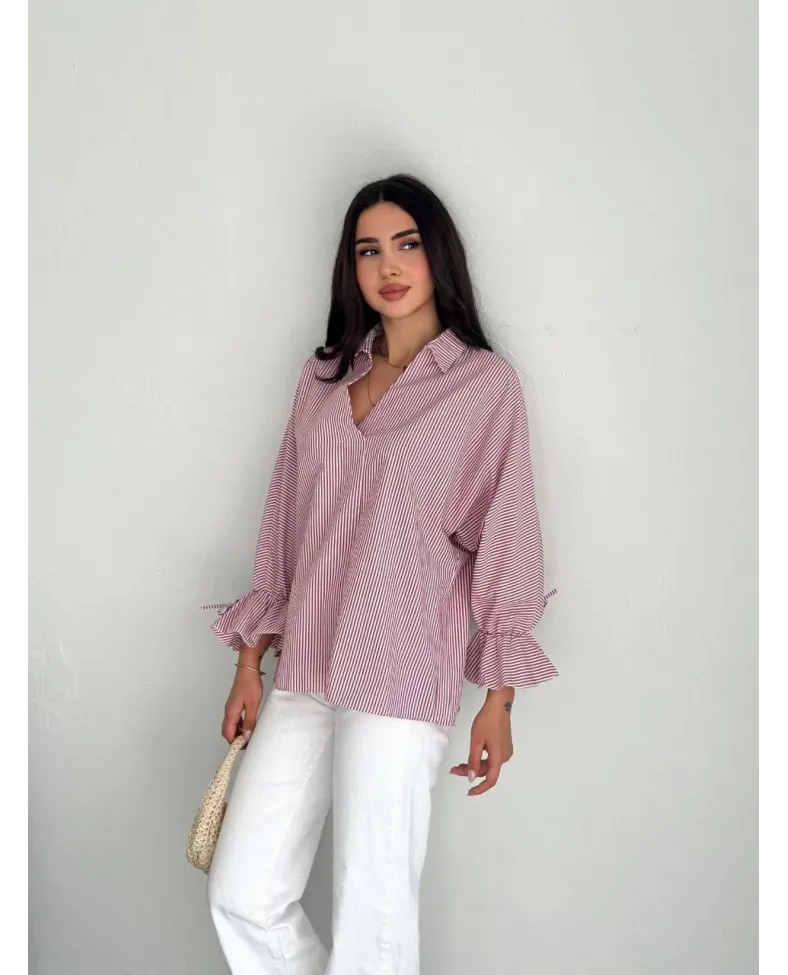 Kadın Arkası Asimetrik Yırtmaç Kesim Detaylı Cizgili Bluz Gömlek - Bordo