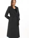Kadın Balık Sırtı Kaşe Kaban Uzun Boy Kruvaze Yaka Kuşaklı Astarlı Tesettür Kaban - Siyah