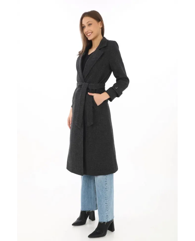 Kadın Balık Sırtı Kaşe Kaban Uzun Boy Kruvaze Yaka Kuşaklı Astarlı Tesettür Kaban - Siyah