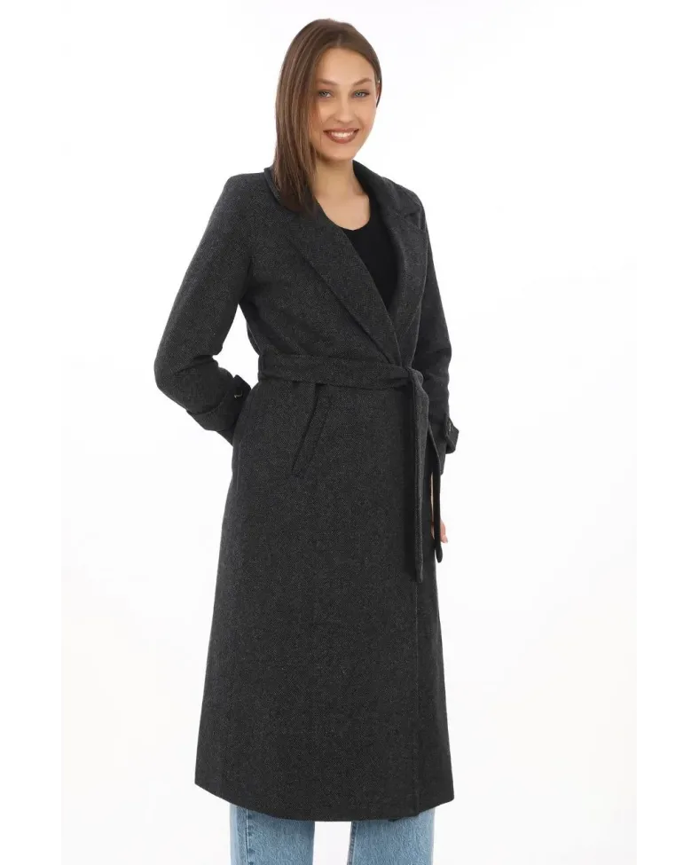 Kadın Balık Sırtı Kaşe Kaban Uzun Boy Kruvaze Yaka Kuşaklı Astarlı Tesettür Kaban - Siyah