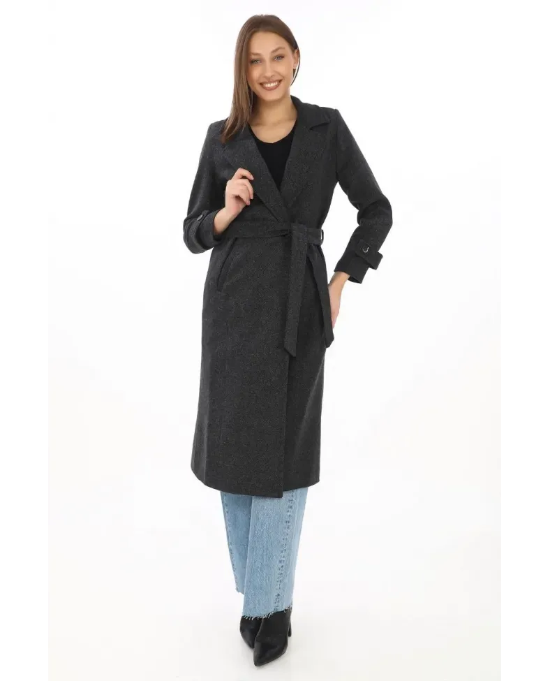 Kadın Balık Sırtı Kaşe Kaban Uzun Boy Kruvaze Yaka Kuşaklı Astarlı Tesettür Kaban - Siyah