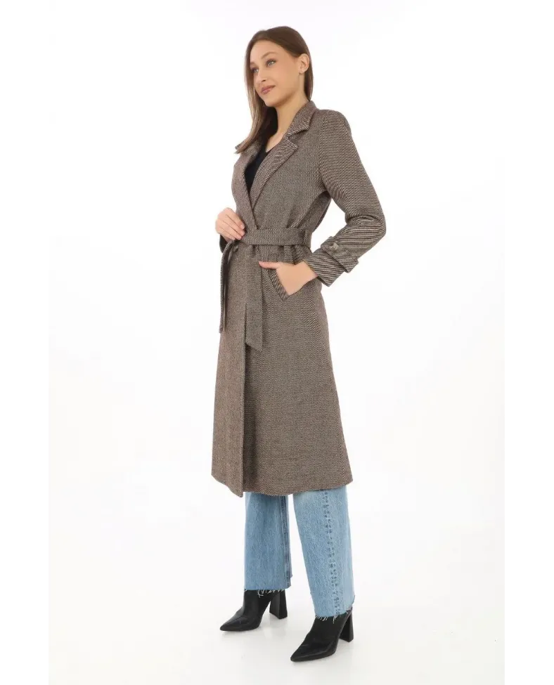 Kadın Balık Sırtı Kaşe Kaban Uzun Boy Kruvaze Yaka Kuşaklı Astarlı Tesettür Kaban - Vizon