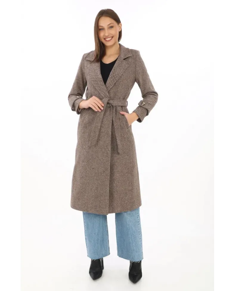 Kadın Balık Sırtı Kaşe Kaban Uzun Boy Kruvaze Yaka Kuşaklı Astarlı Tesettür Kaban - Vizon