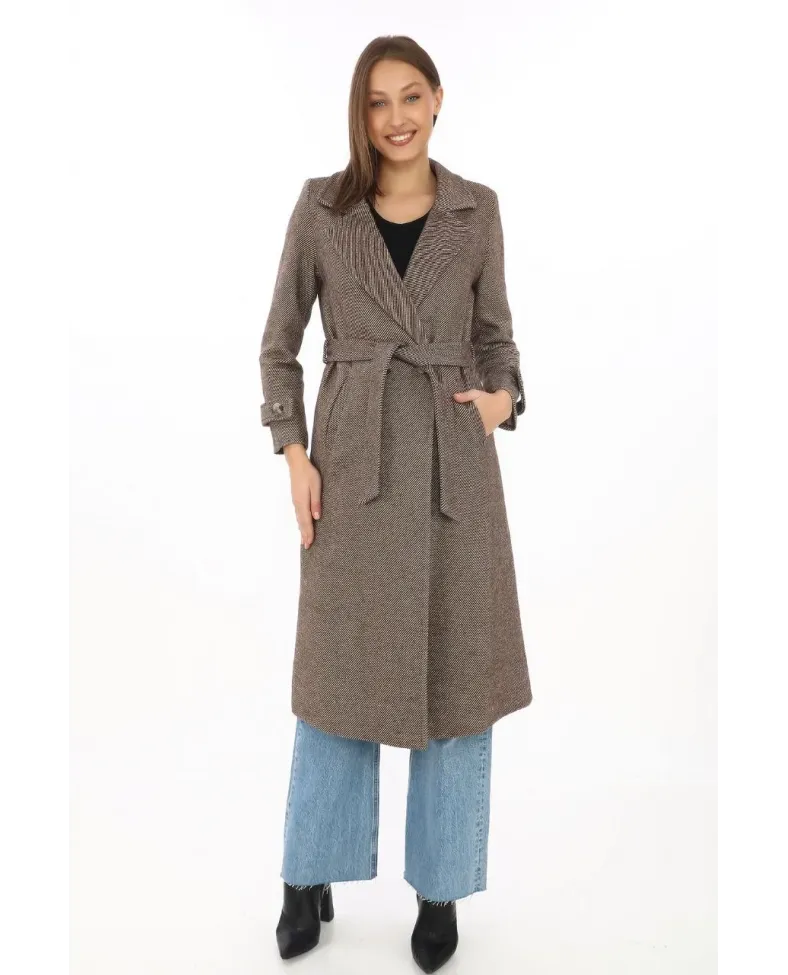 Kadın Balık Sırtı Kaşe Kaban Uzun Boy Kruvaze Yaka Kuşaklı Astarlı Tesettür Kaban - Vizon