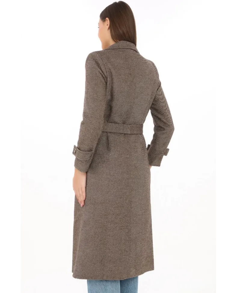 Kadın Balık Sırtı Kaşe Kaban Uzun Boy Kruvaze Yaka Kuşaklı Astarlı Tesettür Kaban - Vizon