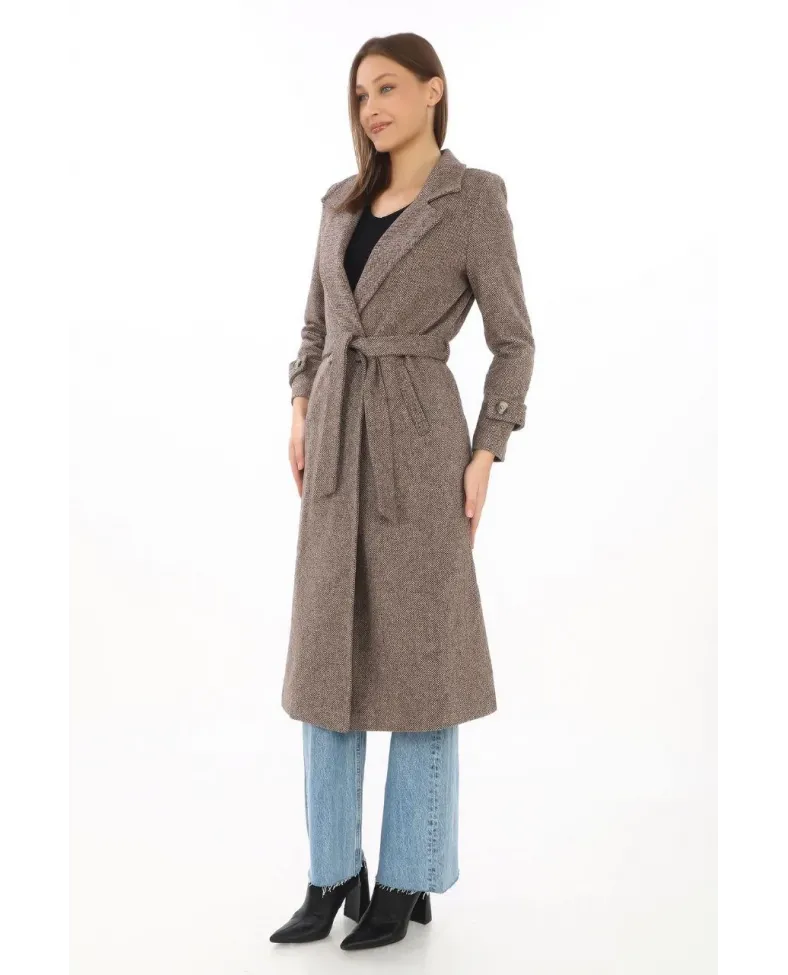 Kadın Balık Sırtı Kaşe Kaban Uzun Boy Kruvaze Yaka Kuşaklı Astarlı Tesettür Kaban - Vizon