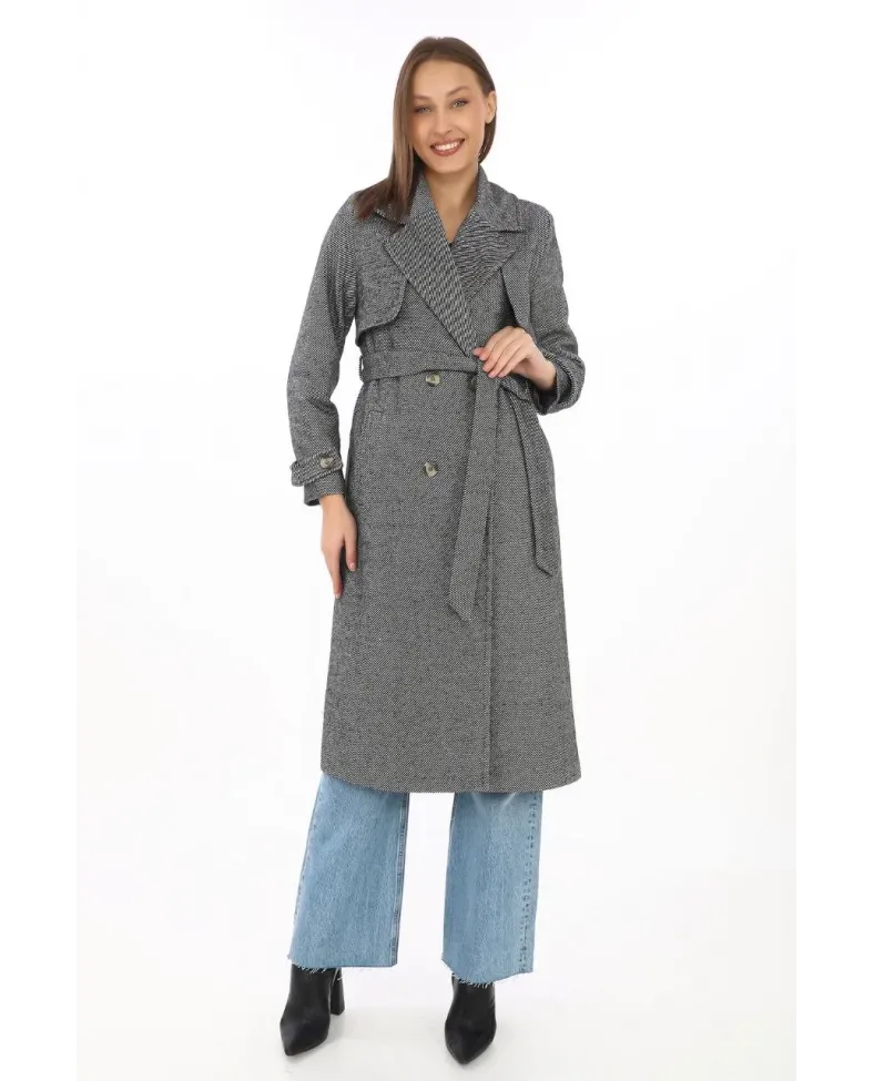 Kadın Uzun Kaşe Kaban Balık Sırtı Dokuma Kaşmir Kruvaze Yaka Kuşaklı Cepli - Boyalı Gri