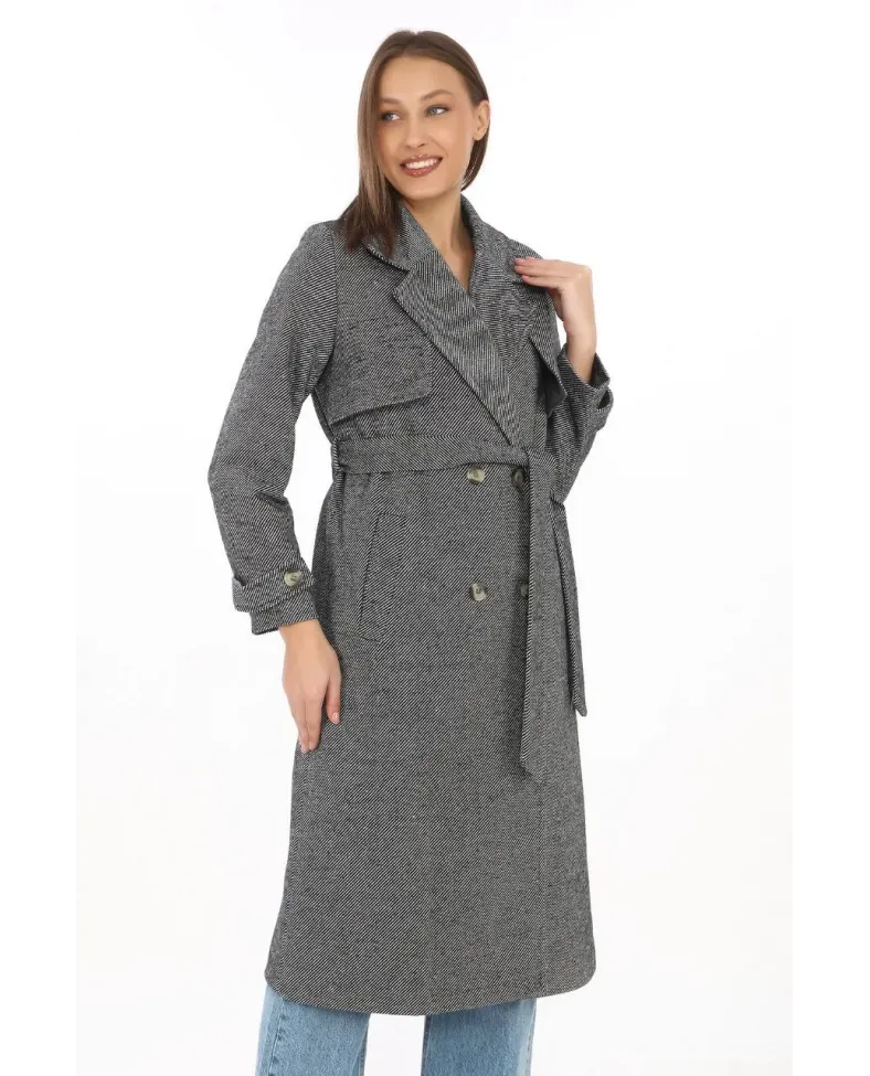 Kadın Uzun Kaşe Kaban Balık Sırtı Dokuma Kaşmir Kruvaze Yaka Kuşaklı Cepli - Füme