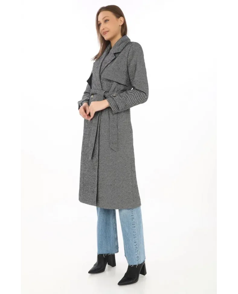 Kadın Uzun Kaşe Kaban Balık Sırtı Dokuma Kaşmir Kruvaze Yaka Kuşaklı Cepli - Füme