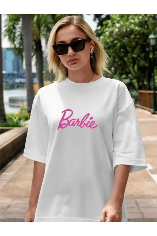 Kadın Baskılı Oversize T-shirt - Beyaz
