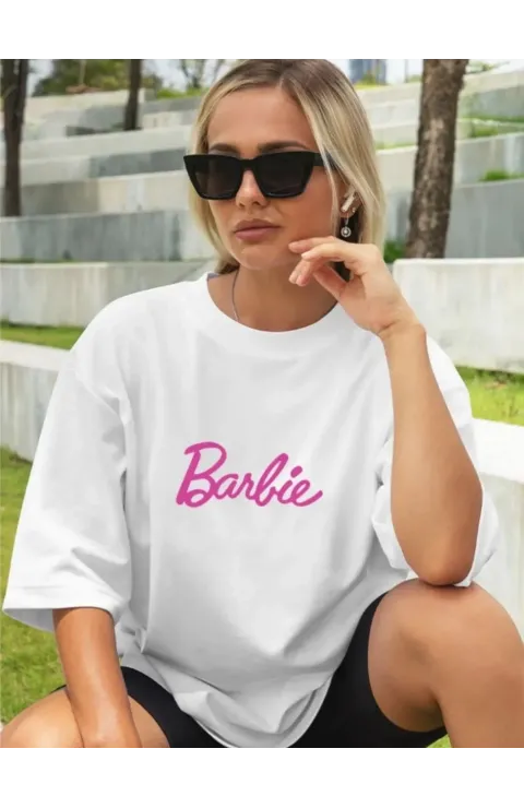 Kadın Baskılı Oversize T-shirt - Beyaz