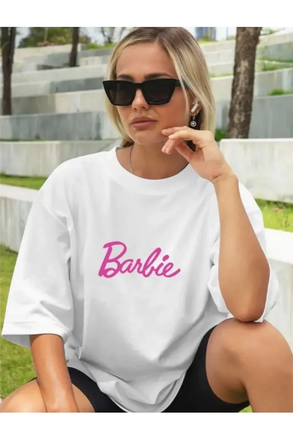 Kadın Baskılı Oversize T-shirt - Beyaz