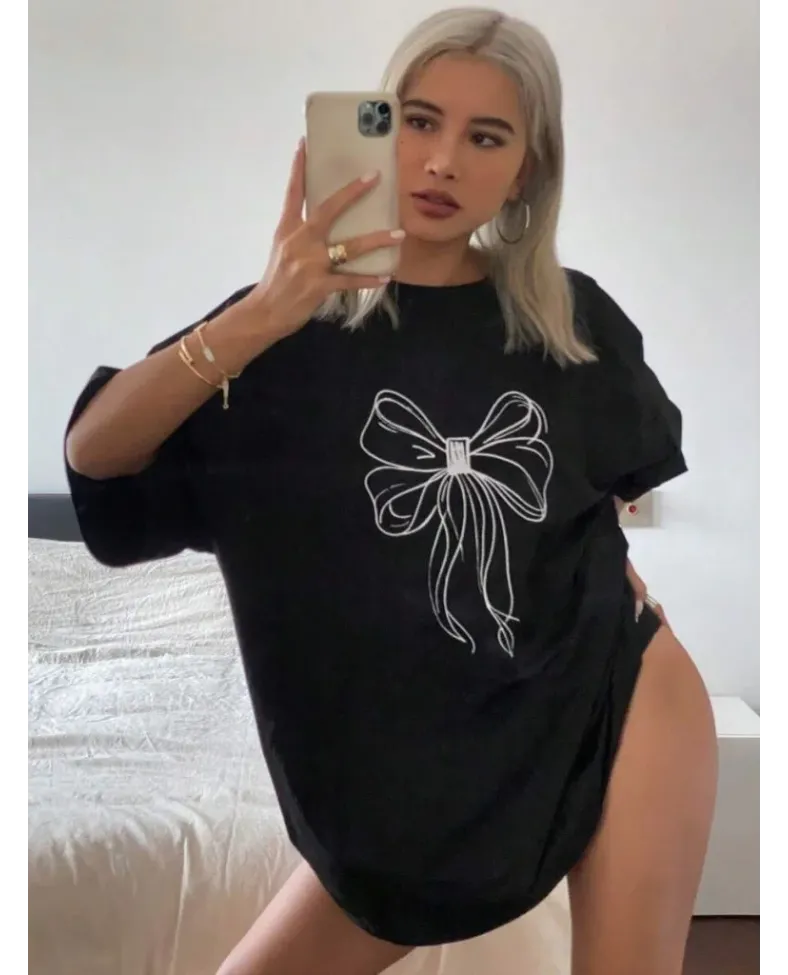 Kadın Fiyonk Baskılı T-Shirt Kısa Kol Bisiklet Yaka Oversize Tişört - Siyah