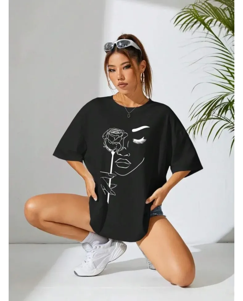 Kadın Baskılı Oversize T-shirt - Siyah