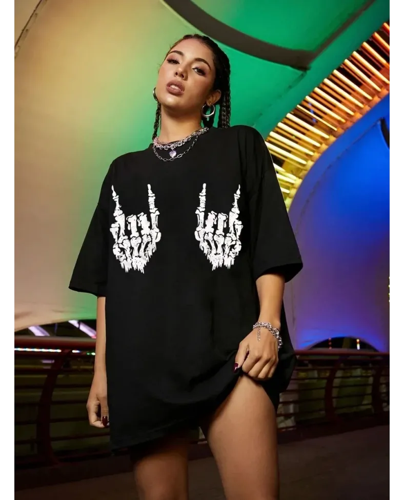 Kadın Baskılı Oversize T-shirt - Siyah