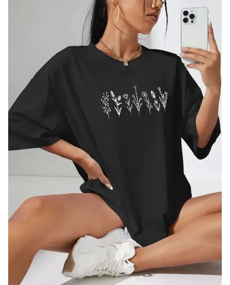 Kadın Baskılı Oversize T-shirt - Siyah