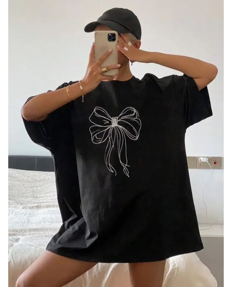 Kadın Fiyonk Baskılı T-Shirt Kısa Kol Bisiklet Yaka Oversize Tişört - Siyah