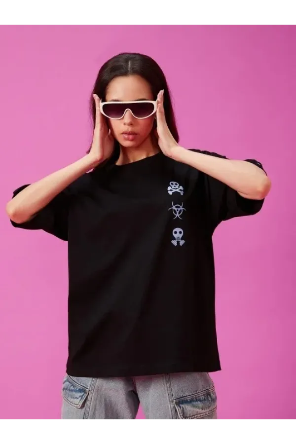 Kadın Baskılı Oversize T-shirt - Siyah