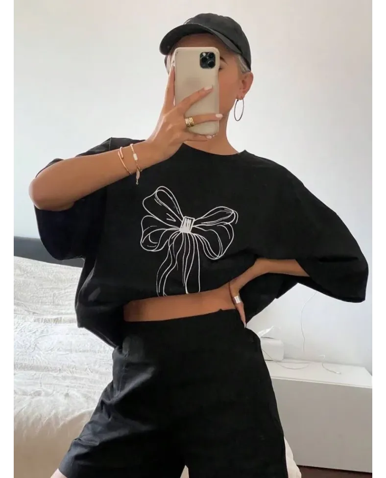 Kadın Fiyonk Baskılı T-Shirt Kısa Kol Bisiklet Yaka Oversize Tişört - Siyah