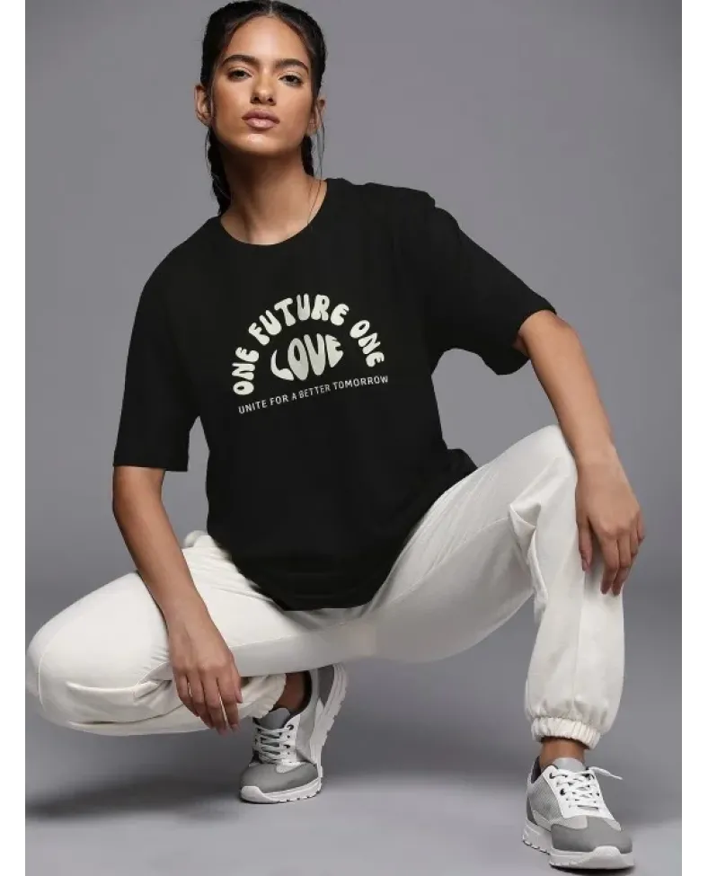 Kadın Baskılı Oversize T-shirt - Siyah