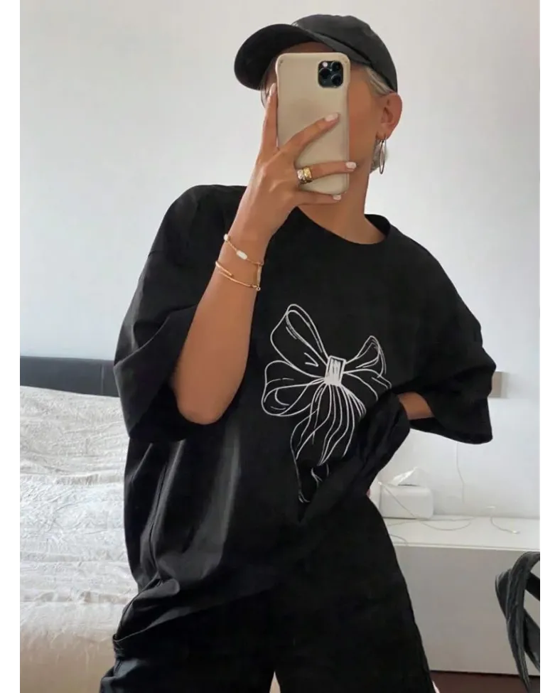 Kadın Fiyonk Baskılı T-Shirt Kısa Kol Bisiklet Yaka Oversize Tişört - Siyah