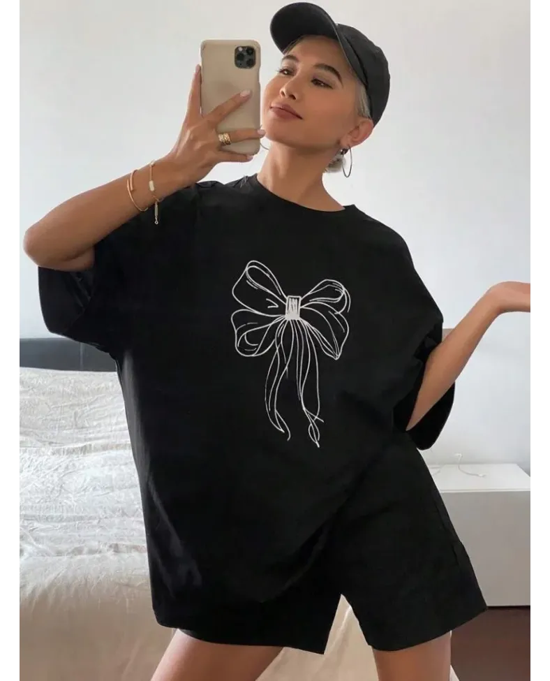 Kadın Fiyonk Baskılı T-Shirt Kısa Kol Bisiklet Yaka Oversize Tişört - Siyah