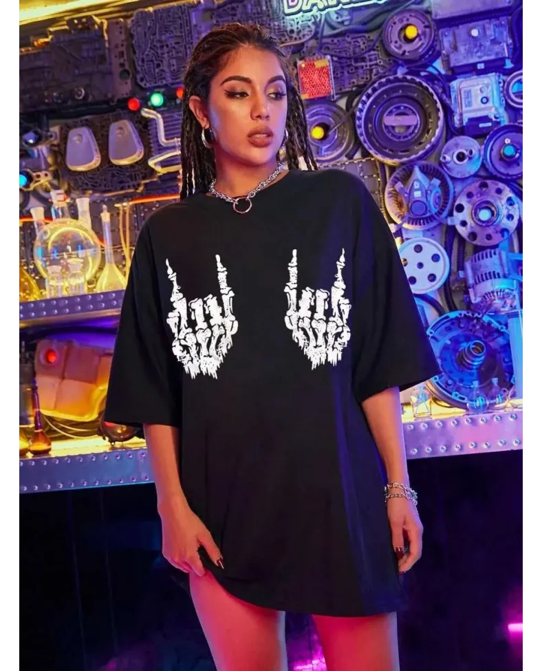 Kadın Baskılı Oversize T-shirt - Siyah