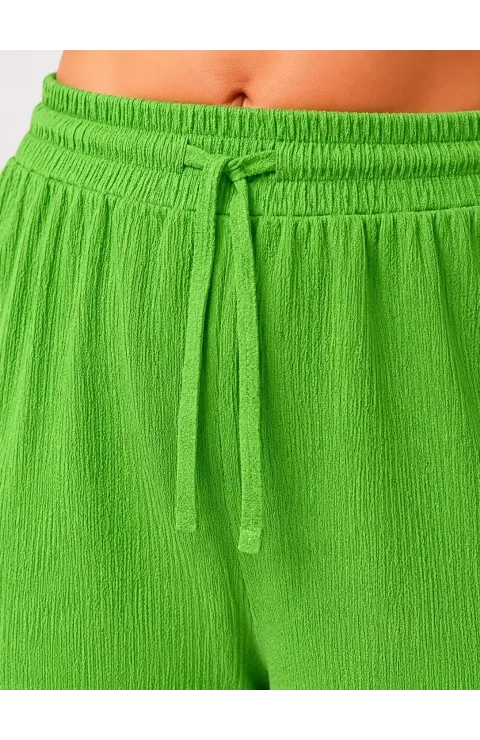Kadın Battal Beden Bürümcük Kumaş Beli Lastikli Bağcıklı Bol Paça Palazzo Pantolon - Yeşil