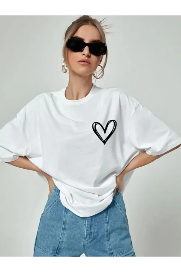 Kadın Bisiklet Yaka Baskılı Oversize T-Shirt - Beyaz