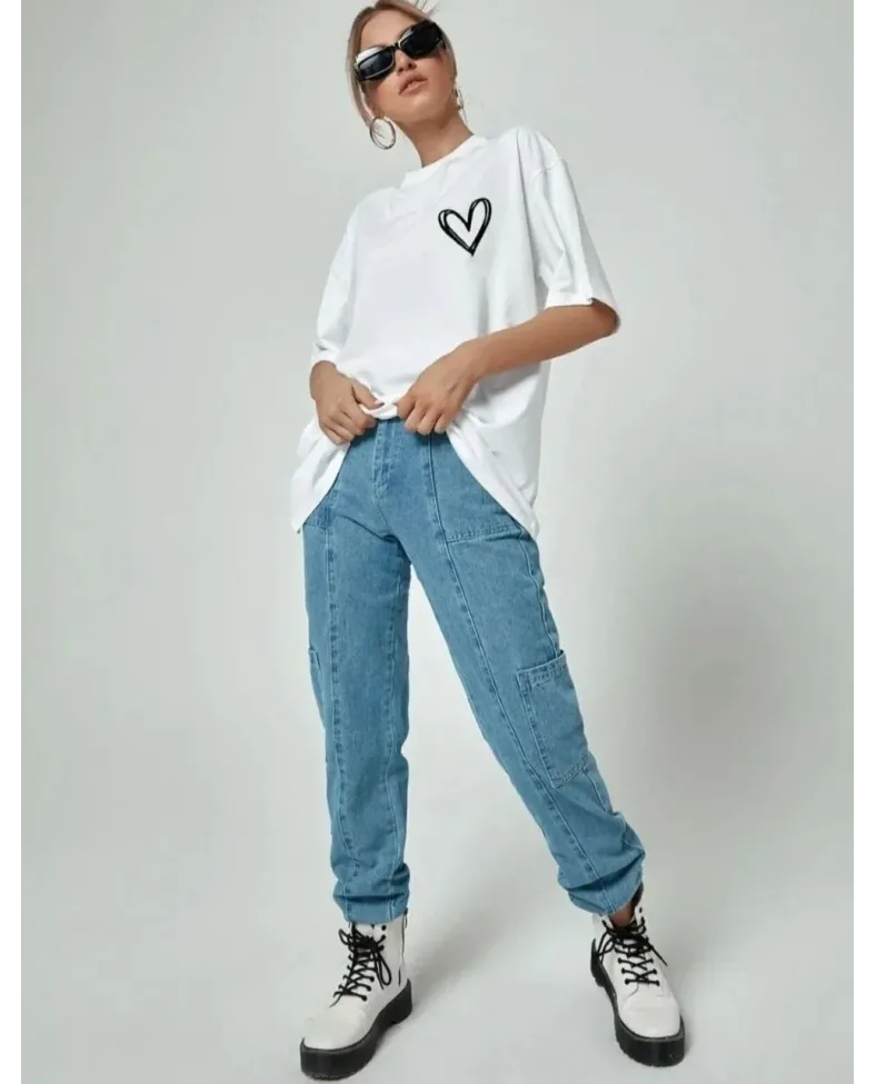 Kadın Bisiklet Yaka Baskılı Oversize T-Shirt - Beyaz