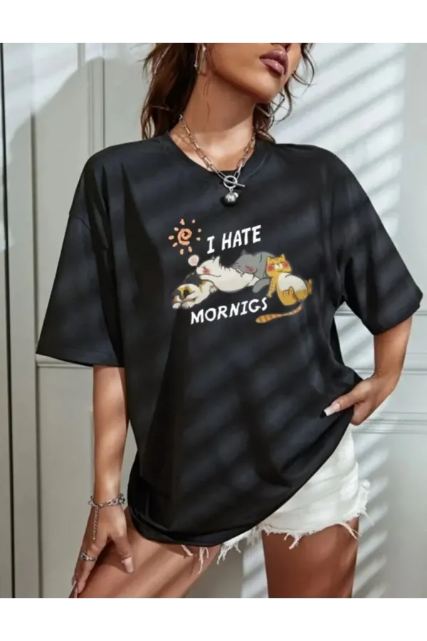 Kadın Bisiklet Yaka Baskılı Oversize T-Shirt - Siyah