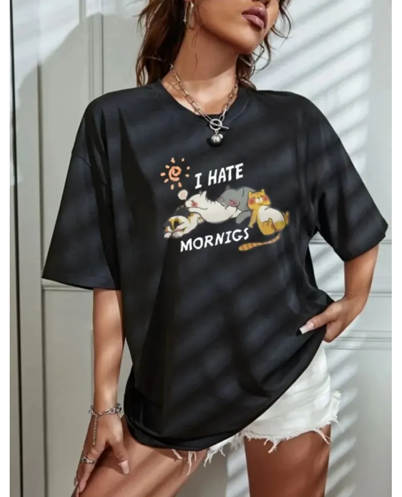 Kadın Bisiklet Yaka Baskılı Oversize T-Shirt - Siyah