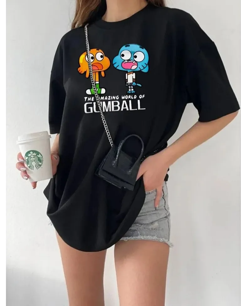 Kadın Bisiklet Yaka Baskılı Oversize T-Shirt - Siyah