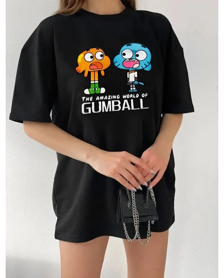 Kadın Bisiklet Yaka Baskılı Oversize T-Shirt - Siyah