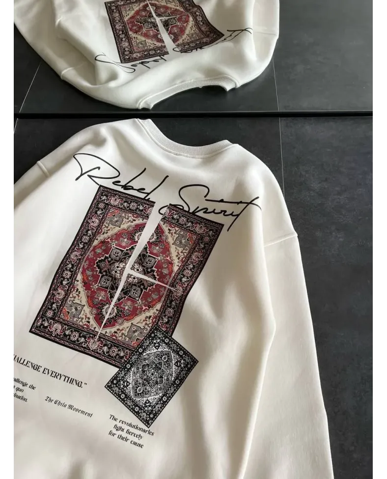 Kadın Bisiklet Yaka Baskılı SweatShirt - Beyaz