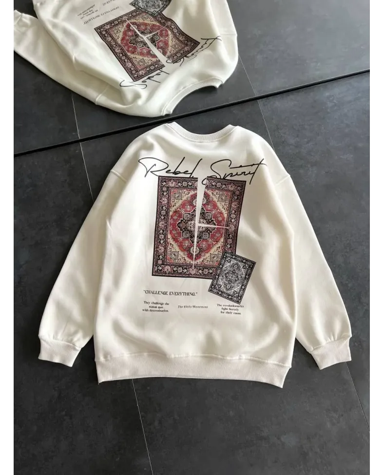 Kadın Bisiklet Yaka Baskılı SweatShirt - Beyaz