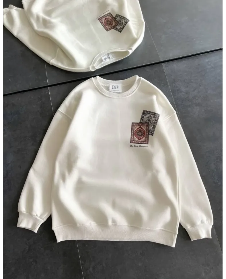 Kadın Bisiklet Yaka Baskılı SweatShirt - Beyaz