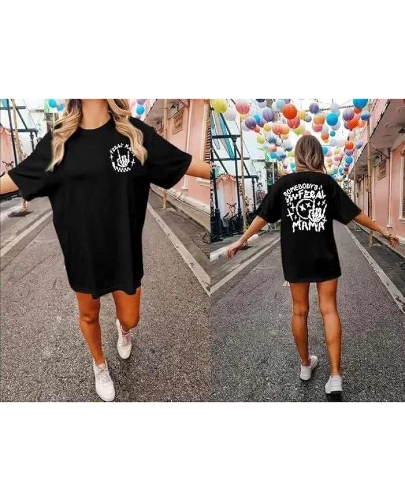 Kadın Bisiklet Yaka Baskılı T-shirt - Siyah