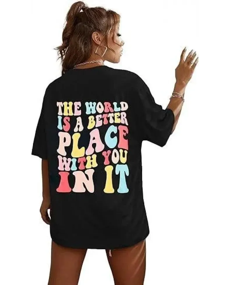 Kadın Bisiklet Yaka Baskılı T-shirt - Siyah