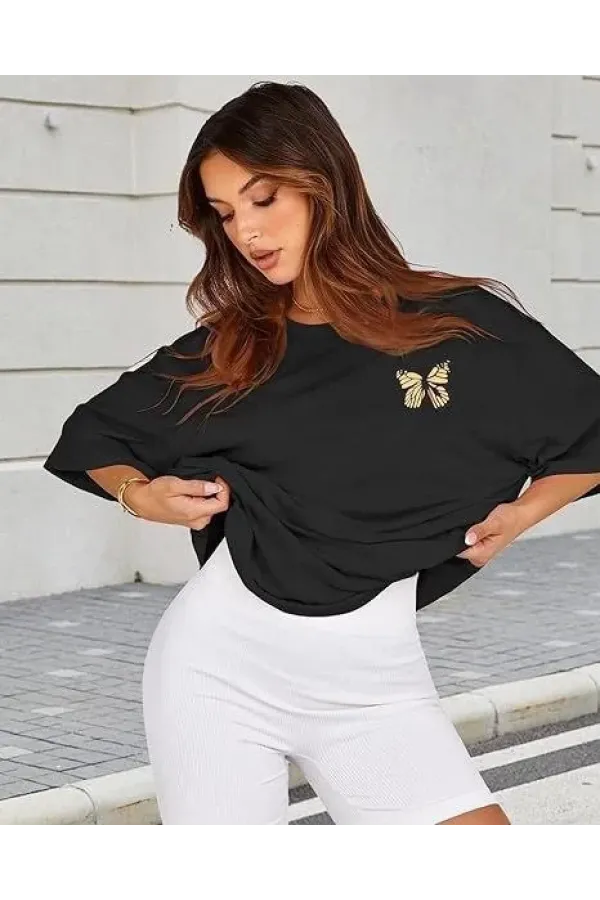 Kadın Bisiklet Yaka Baskılı T-shirt - Siyah