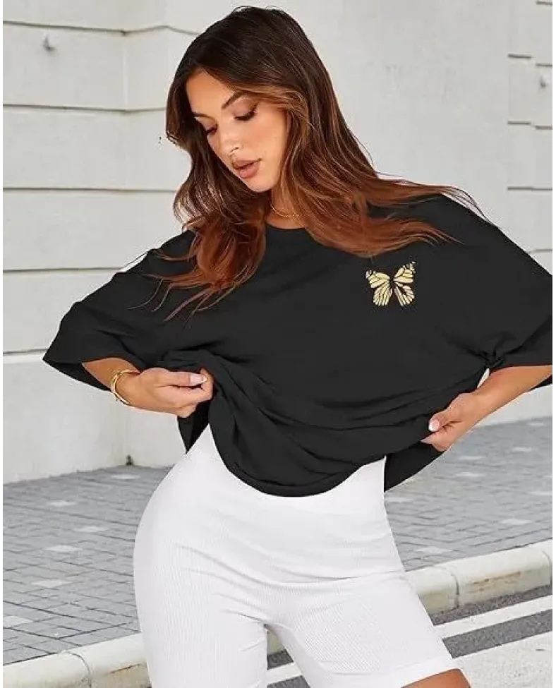 Kadın Bisiklet Yaka Baskılı T-shirt - Siyah